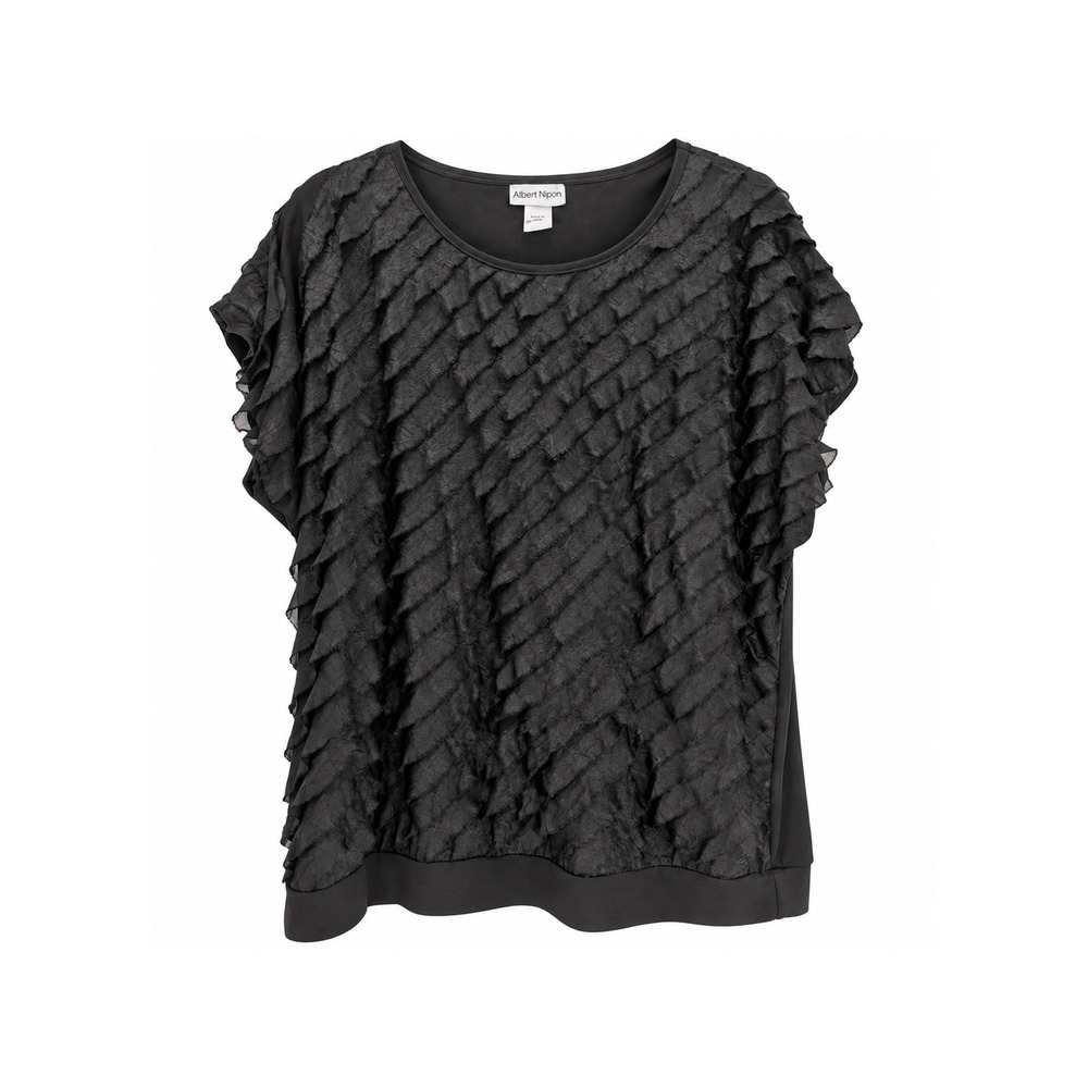 BonWorth Womens Large Black Ruffle Textured Blouse Flutter Sleeve Made in USA